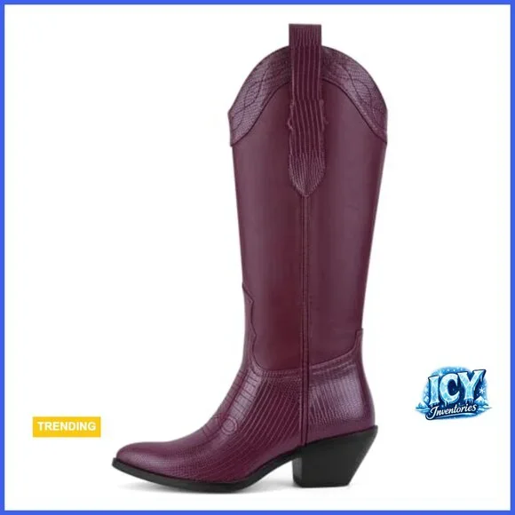 Faux Leather Knee High Cowboy Boots with Chunky Block Heel - Picture 6 of 7